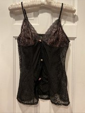 Vintage 90  s Black Sheer Cami Tank Top Lace Flowers Coquette Fairy-Sz L