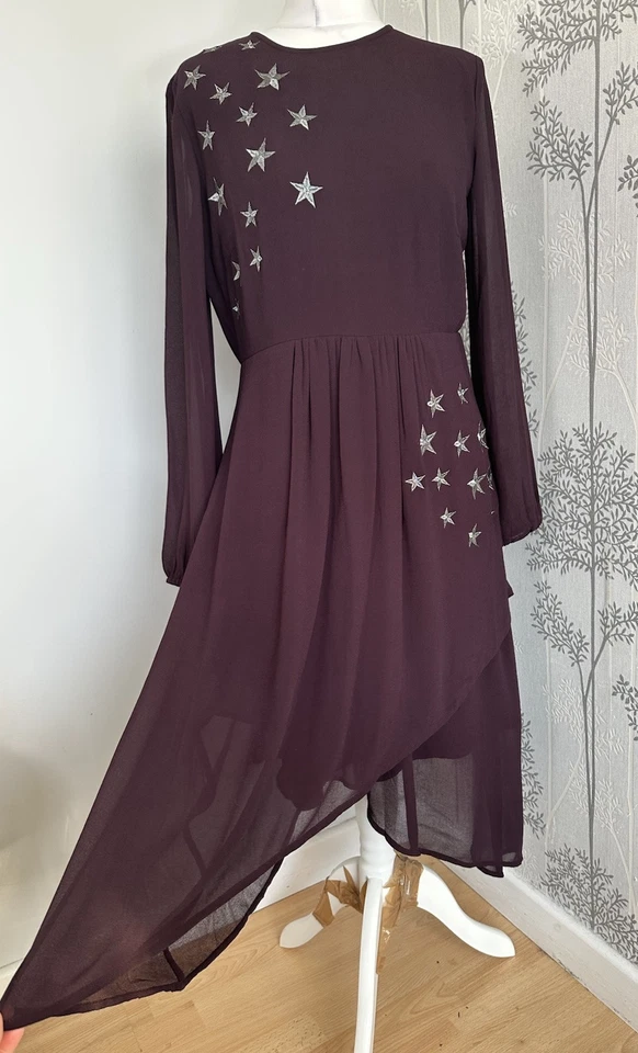 Mint Velvet Purple Silver Star Embroidered Floaty Sheer Dress Size Uk 12 - Image 2 of 4