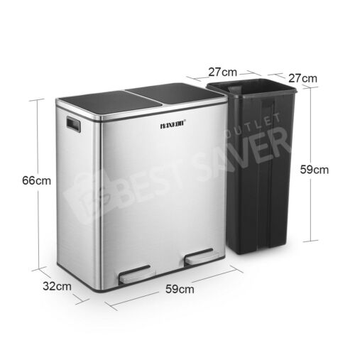 Dual Compartment Pedal Rubbish Bin Stainless Steel Garbage Waste Trash Can 60L - Picture 11 of 12