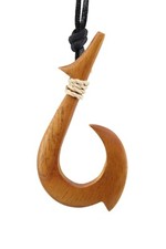 Hawaiian Fish Hook Necklace - Light Brown, Hand Carved, Adjustable Black Rope