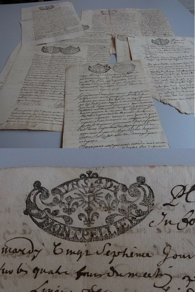 11 französische Dokumente 1714-20, Steuerstempel Montpellier, u.a. über Poussan - Bild 1 von 1