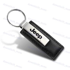 Jeep Logo Rectangle Black Leather Chrome Key Fob Keyring Keychain Lanyard Tag