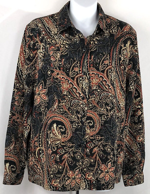 Vintage 80s Graff silky top blouse S blk orange floral Geo button up psychedelic