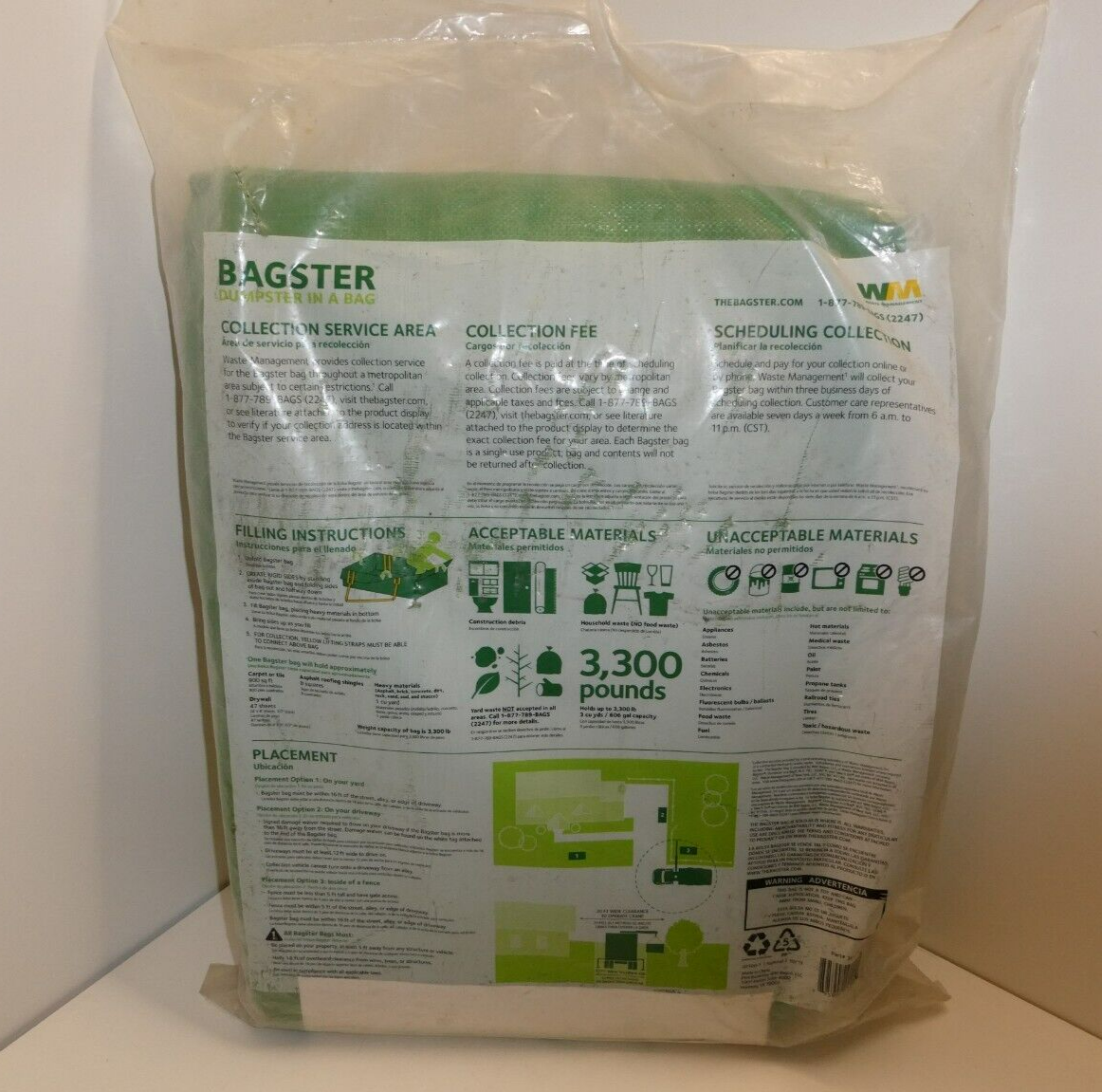 NEW WM BAGSTER Dumpster in a Bag (Holds up to 3,300 lb.) 3 Cubic Yards
