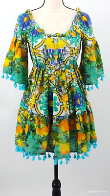 NEW ANTICA SARTORIA LEMONS & FLOWERS Mini Dress Beads Embroidery 100% Cotton OS