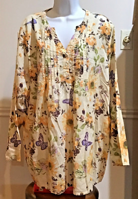 Women s Collections Etc. Sunflower Butterfly Blouse Tunic Cotton Long Sleeve 2XL
