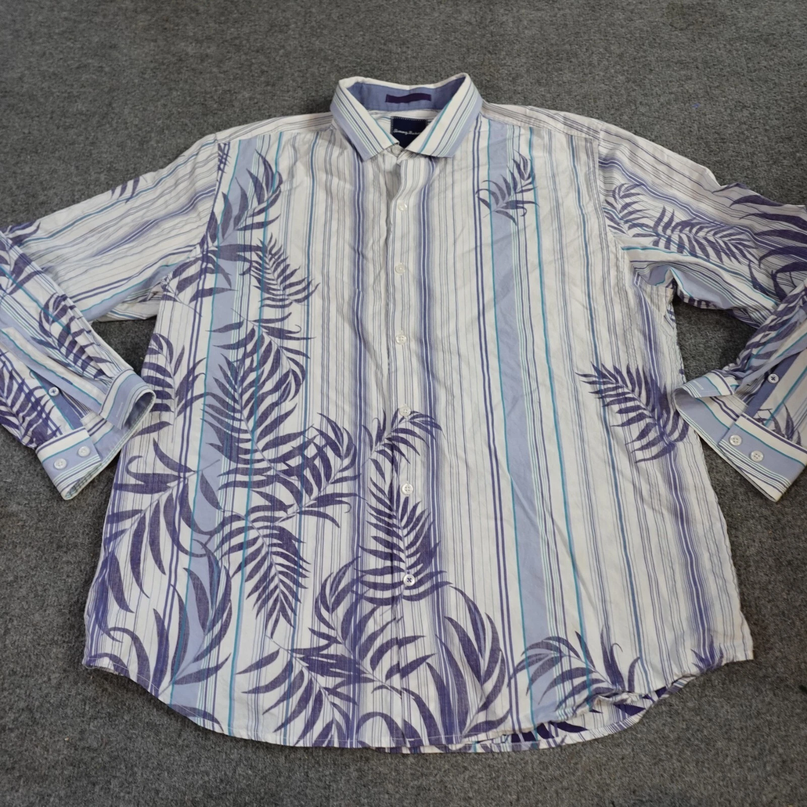 Tommy Bahama Shirt XL Blue Striped Reverse Floral Print Cotton Blend