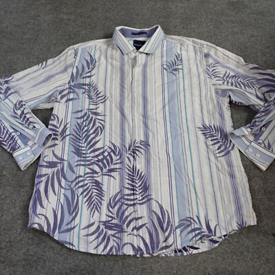 Tommy Bahama Shirt XL Blue Striped Reverse Floral Print Cotton Blend