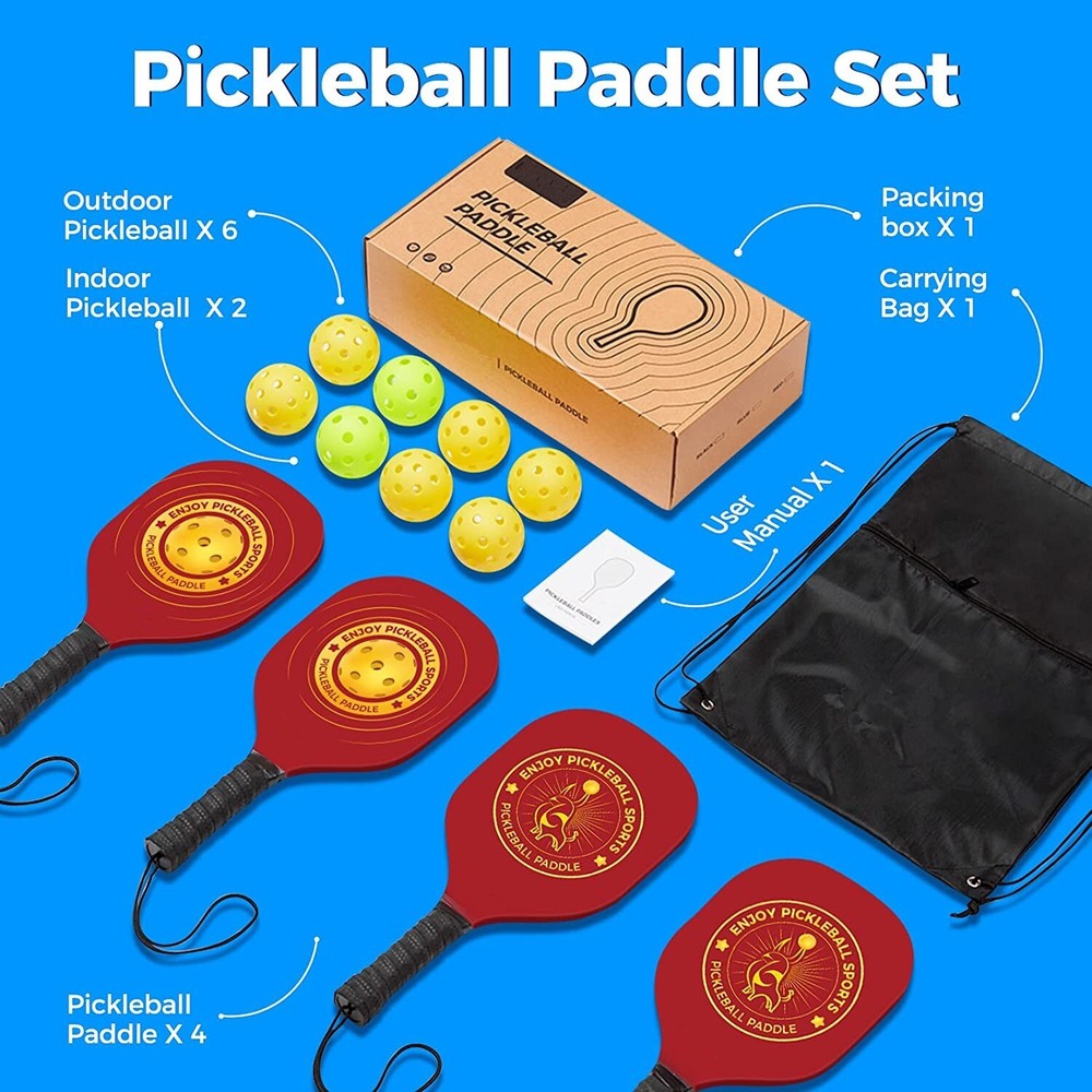 4 Wood Pickleball Paddles Set for Indoor & Outdoor Play