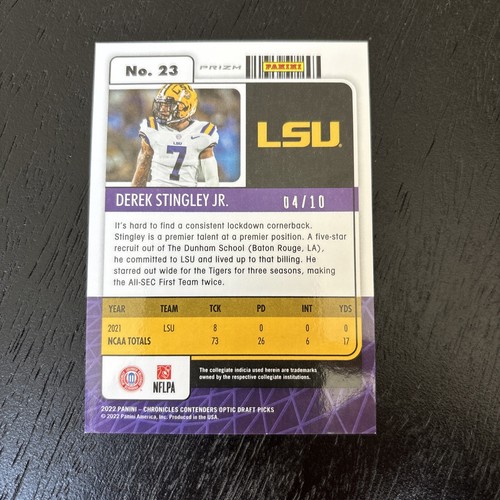 2022 DEREK STINGLEY JR PANINI OPTIC CONTENDERS #23 DRAFT PICKS ROOKIE GOLD /10 - Picture 2 of 2