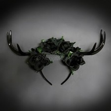 Deer Antlers Headband Black Horn Black Roses 004