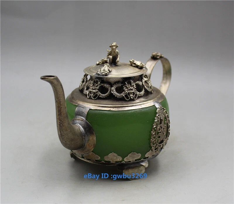 Coleção de bules de dragão esculpidos à mão de jade com incrustação de prata tibetana antiga da China - Imagem 3 de 4