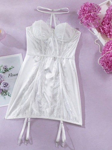 White Lace Corset Lingerie Dress with Garter Straps – Satin Bridal Bustier Teddy - Picture 7 of 12