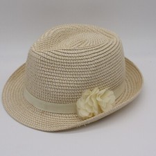 Girl's Light Beige Fedora Hat with Ribbon and Flower in One Size Fits All