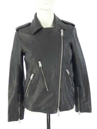 All Saints Leather Jacket Biker ELVA Black Asymmetric Zip Zipped Pockets UK 8 - Picture 10 of 16