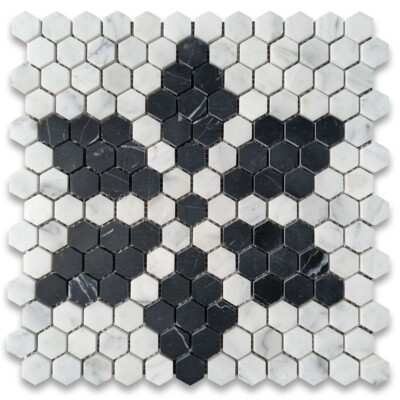 C31FAXH Carrara White Marble Hexagon Ice Crystal Mosaic Tile Marquina Black