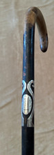 35" Antique Sterling Silver Cane Wooden overlay Walking Stick Curved handle wood