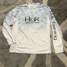 Huk Performance Fishing Shirt Men Medium White Blue Pullover Outdoor UPF Hunting