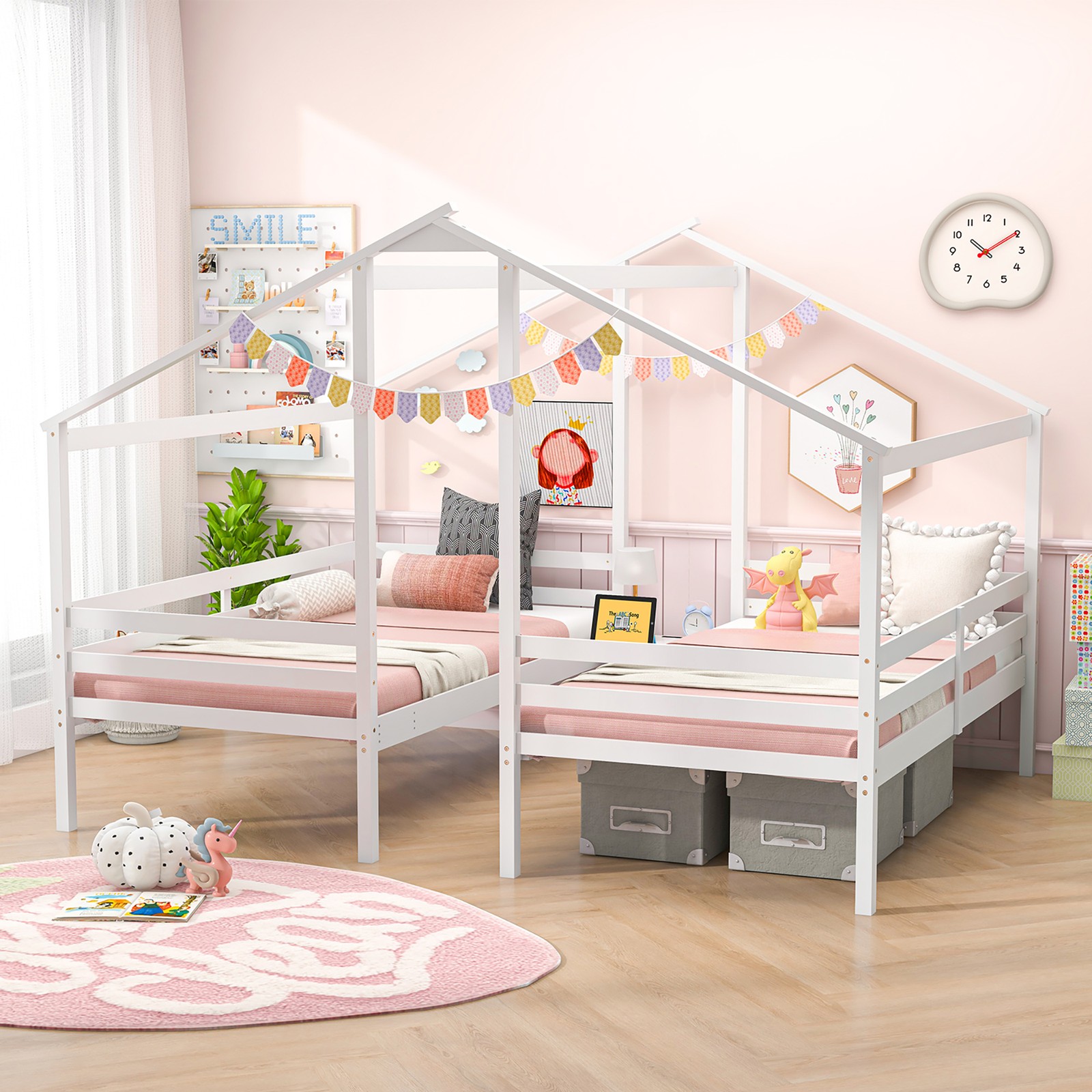 Double Twin Size Bed Frames for Kids with Built-in Table & USB Port Guardrails