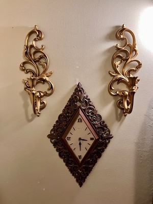 MCM Syroco  Wall Clock (German Mov't) & Gold Syroco Sconces Hollywd Regency~ USA