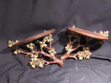 Syroco Wall Sconce Hollywood Regency Pair Wood Shelves Gold Floral  VTG MCM