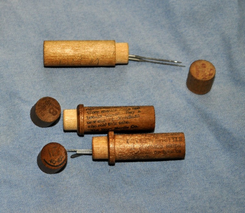 VTG QTY 3  Needle  Wooden Sewing Tube Cases w/Needles 2 are Boye brand