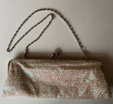Beaded Iridescent Sequin Kiss Lock Evening Clutch Bag Tuck Away Chain Handle