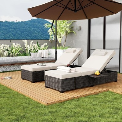Lounge Chair Set of 2 for Outdoor, Adjustable Wicker Chaise Lounge for Garden T