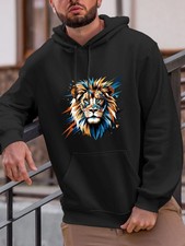 Men's Black Hooded Sweatshirt with Lion Head Print - Warm Winter Pullover Hoodie