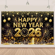 Gold 2026 Happy New Year Banner Backdrop 5.9 3.6 Ft Gold Glitter Happy New Ye...