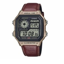 Casio AE-1200WHL-5A Digital World Time Brown Leather Band Men's Retro