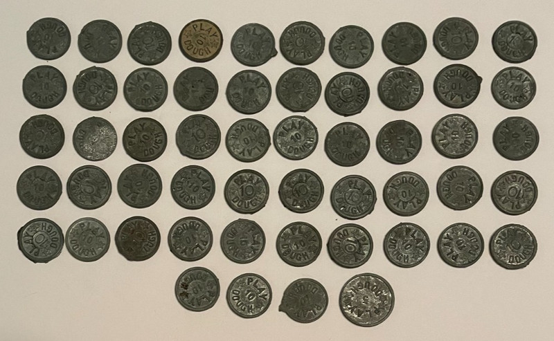Vintage Lot of 54 Zinc PLAY DOUGH Coins Nickel & Dimes 10 cent & 5 cent TOKENS