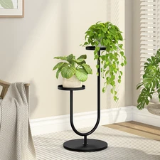 Bamworld Plant Stand Indoor Modern Corner Plants Shelf Display 2 Pots Black