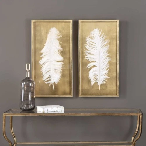 UTTERMOST 4057 WHITE FEATHERS GOLD PINE WOOD SHADOW BOX WALL ART SET OF 2 - Picture 2 of 3