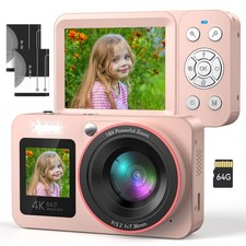 Digital Camera 4K FHD Gifts for Children with 2 Screen 18X Digital Zoom Pink