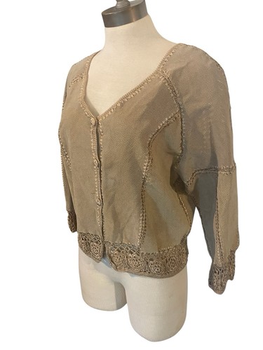 VTG SMH BOUTIQUE Womens XL Boho Tan Stitched Leather Longsleeves Cardigan Jacket