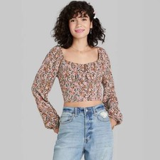 Wild Fable Women's Puff Long Sleeve Bustier Top Brown Floral Size Large
