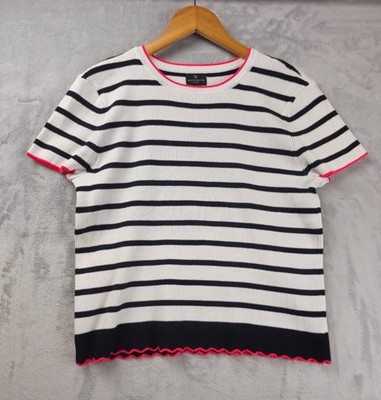 Ribbed Baby Tee Knit Sweater Top Y2K XL Petites White Black Striped Pink Trim