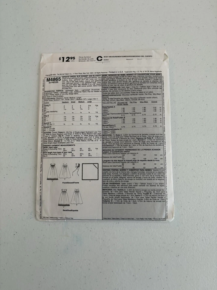 McCall’s M4865 Infant’s Dress, Slip, Bonnet and Blanket Size OSZ - Image 2 of 2