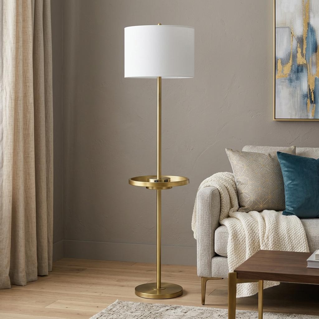 Tray Table Floor Lamp With White Drum Shade
