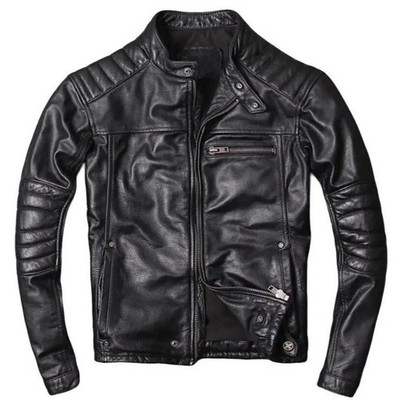 Men s Genuine Sheep skin Leather Jacket Cafe Racer Motorcycle Biker Black Jacket