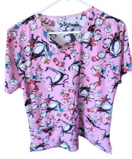 Dr Seuss Womens Medium Scrub Top Cat in The Hat Pink Short Sleeve Uniform Shirt