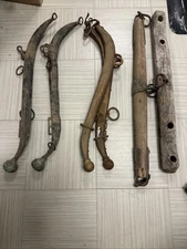 VTG PRIMATIVE ANTIQUE 6pc OX / HORSE WAGON YOKE LOT, GREAT DECOR!