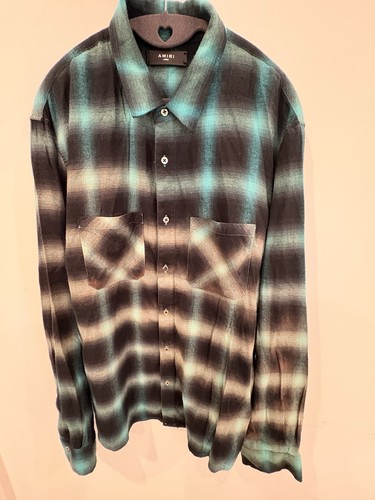 Amiri Men's Blue Plaid Long Sleeve Shirt Flannel Large Luxury Used Excellent