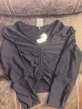 Calia Ruched Rashguard Top XS Black UPF 50 Long Sleeve Swim Shirt NWT