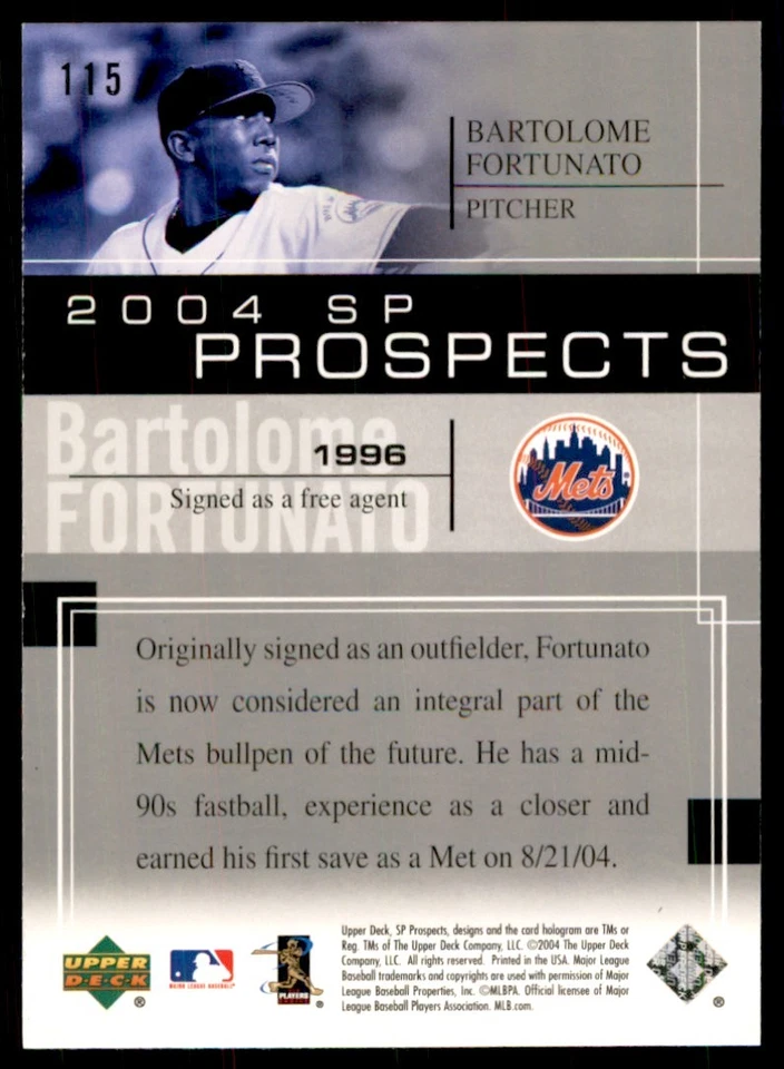 2004 UPPER DECK SP PROSPECTS BARTOLOME FORTUNATO NEW YORK METS #115 - Image 2 of 2