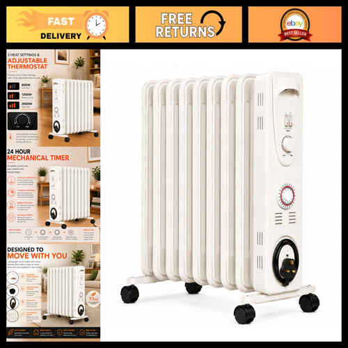 2000W Oil Filled Radiator Heater with Adjustable Thermostat & 24-Hour Timer, 3 H