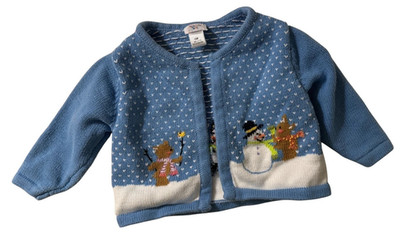 Talbots Kids Snowman Bear Knit Cardigan 12M 100% Cotton Button Front Sweater