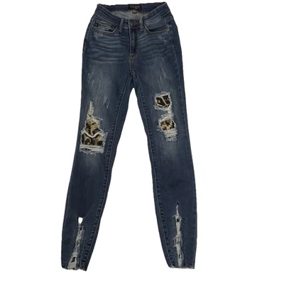 Judy Blue Jeans Womens 24 Blue Skinny Leopard Print Patch Ankle Distressed