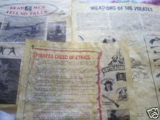 set of 3 pirate posters on parchment paper 14";Pirates Creed of Ethics, weapons,